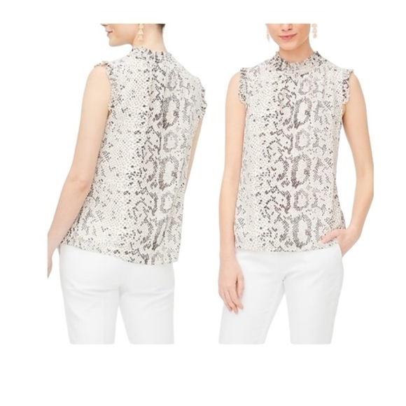 J. Crew Snakeskin-Print Mock-Neck Ruffle Neck/Sleeve Sleeveless Blouse. Size 0. - Picture 2 of 13